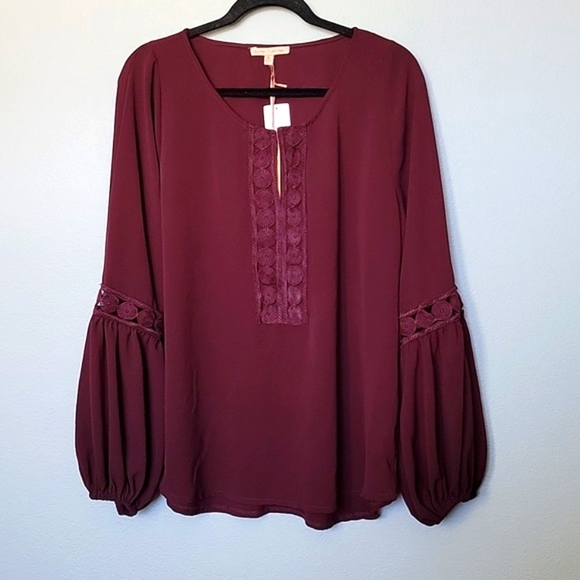 Gibson Latimer Tops - Gibson Latimer Romantic Peasant NWT Burgundy 1X Balloon Sleeve Blouse Top